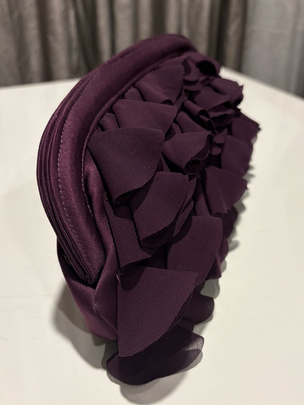 Ruffled Satin Clutch in Deep Plum